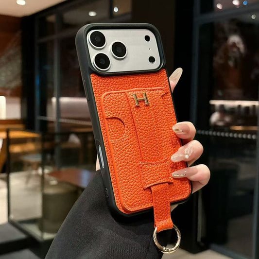 AAOO Luxury Pebbled Leather iPhone Case with Wallet Pocket Hand Strap