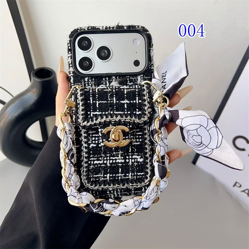 AAOO Luxury Tweed iPhone Case Classic Purse Style with Scarf Chain