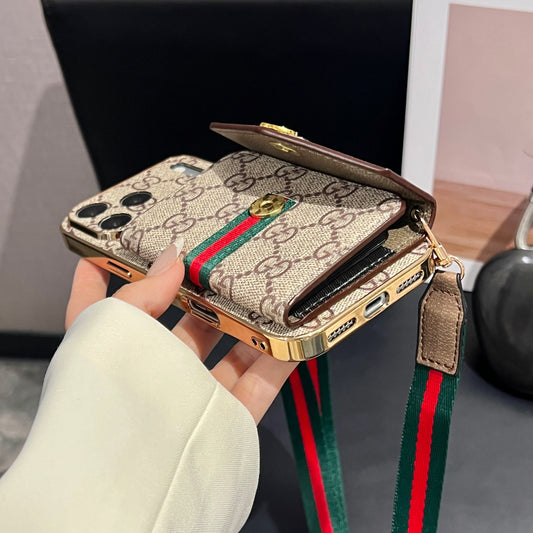 AAOO Elegant Leather iPhone Case With Card Wallet And Crossbody Strap
