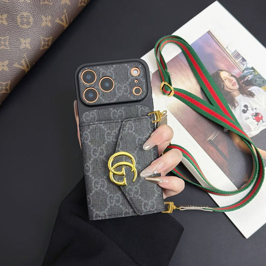 AAOO Luxury Wallet iPhone Case with Crossbody Lanyard Strap