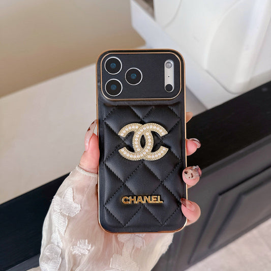 AAOO Leather Phone Case Diamond with Gold Label For iPhone 17/ 16 /15 14