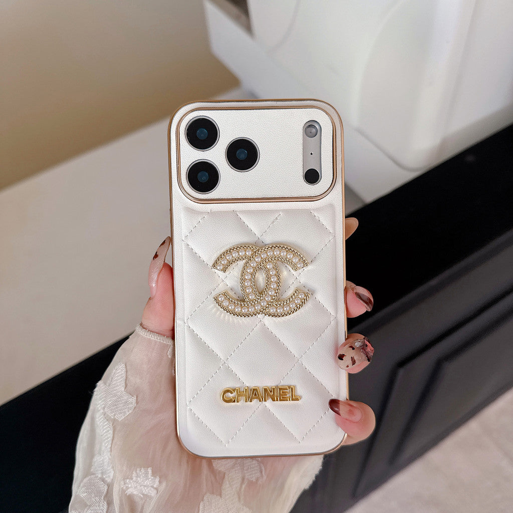 AAOO Leather Phone Case Diamond with Gold Label For iPhone 17/ 16 /15 14