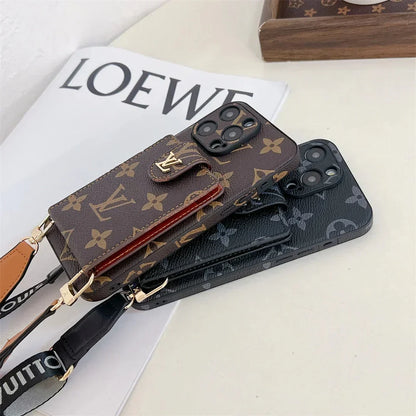 AAOO Handyhülle für iPhone, Canvas, Leder, mit Druckknöpfen, Kartenhalter und Umhängeband