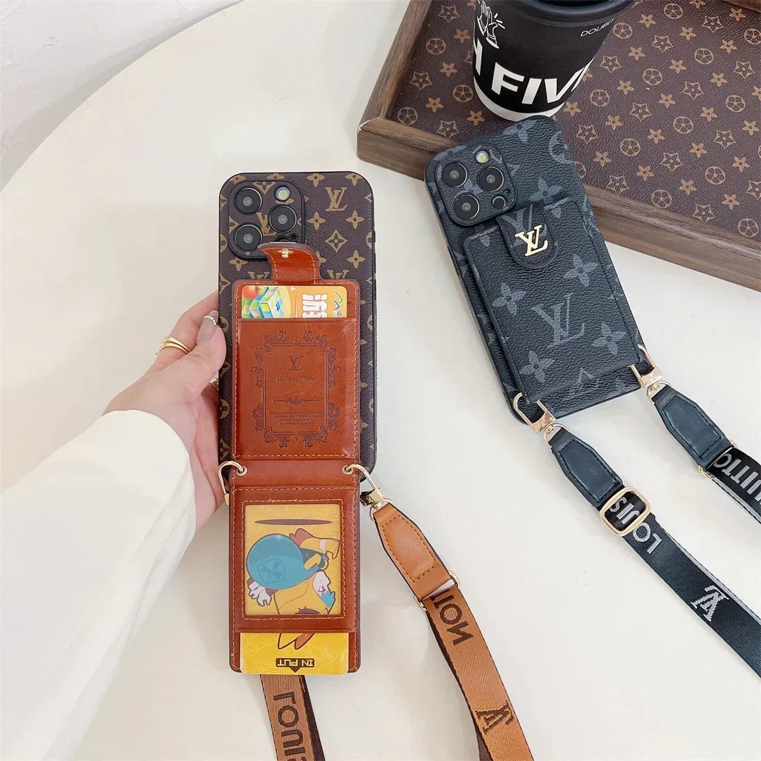 AAOO Handyhülle für iPhone, Canvas, Leder, mit Druckknöpfen, Kartenhalter und Umhängeband