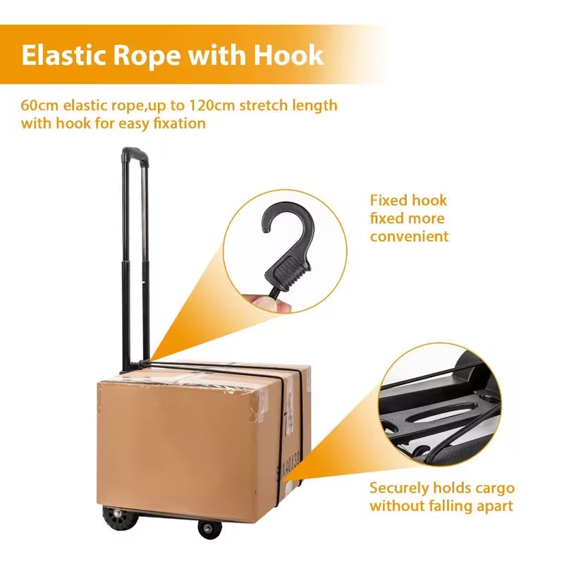 Folding Hand Truck 75kg, 4-Wheel Luggage & Sack Trolley, Lightweight Alloy with 2 Elastic Ropes for Shopping, Moving, Travel