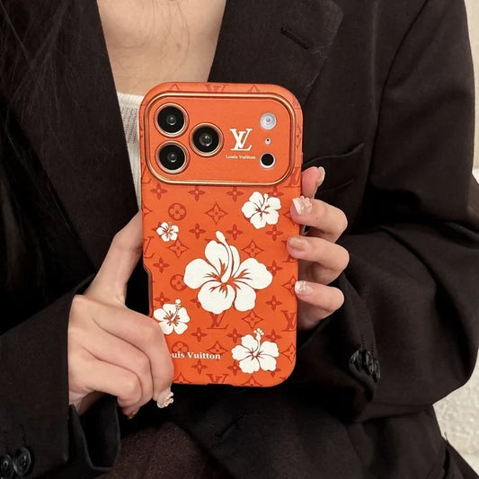 AAOO Orange Phone Case Decorated with Beautiful Floral Patterns for iPhone 12-17 Series