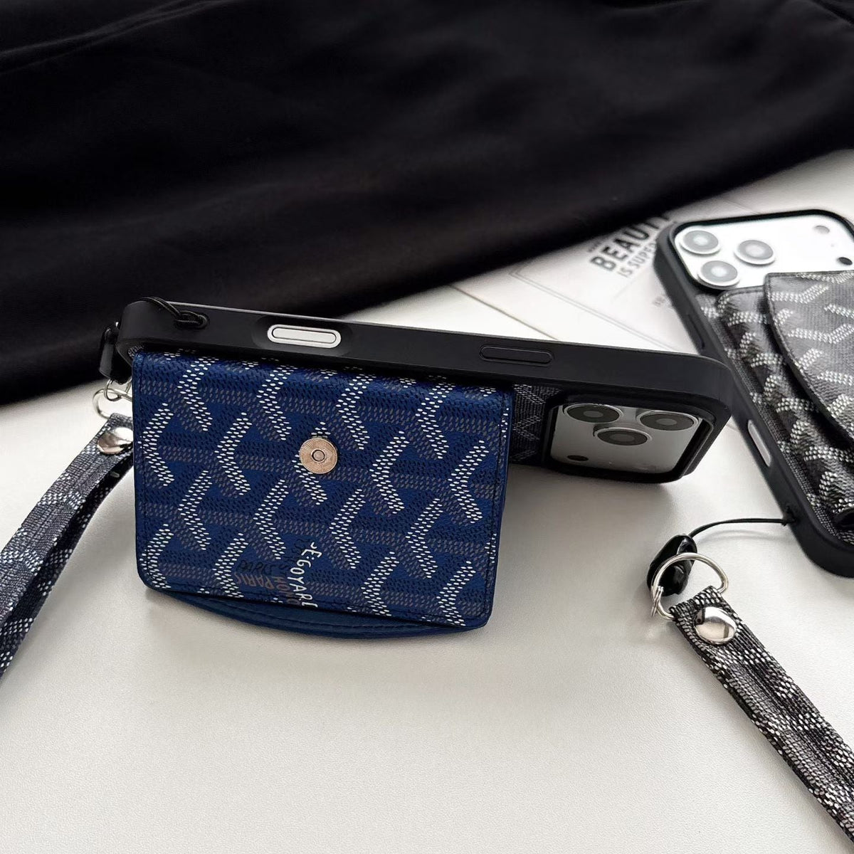 AAOO Luxury GD Pattern Tri-Fold Wallet Phone Case with Matching Wristlet Strap