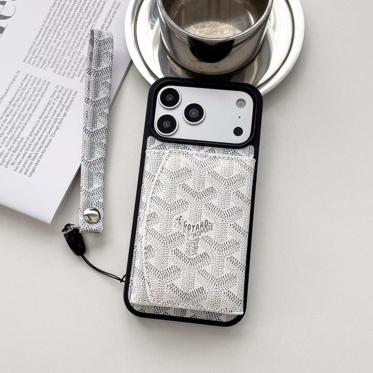 AAOO Luxury GD Pattern Tri-Fold Wallet Phone Case with Matching Wristlet Strap