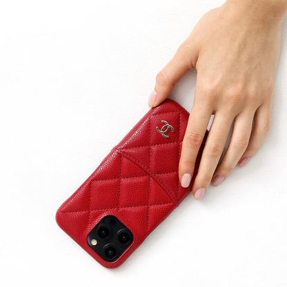CHN Quilted Caviar Leather Case with Metal CC Emblem for iPhone 13-18 Pro & Pro Max