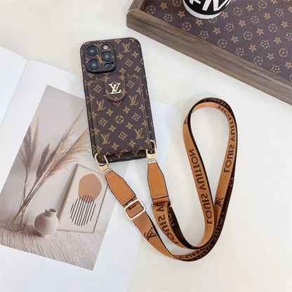 AAOO Handyhülle für iPhone, Canvas, Leder, mit Druckknöpfen, Kartenhalter und Umhängeband