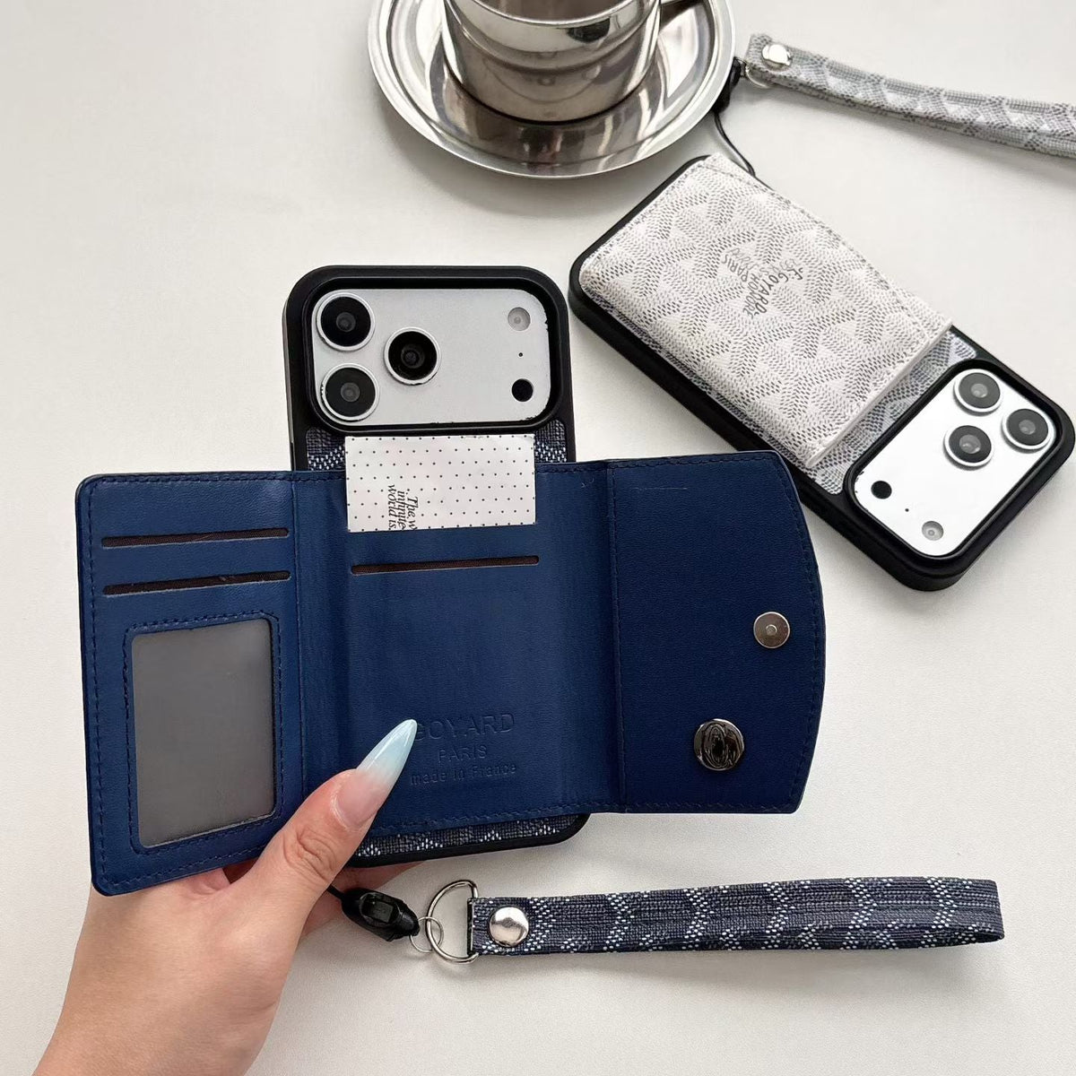 AAOO Luxury GD Pattern Tri-Fold Wallet Phone Case with Matching Wristlet Strap