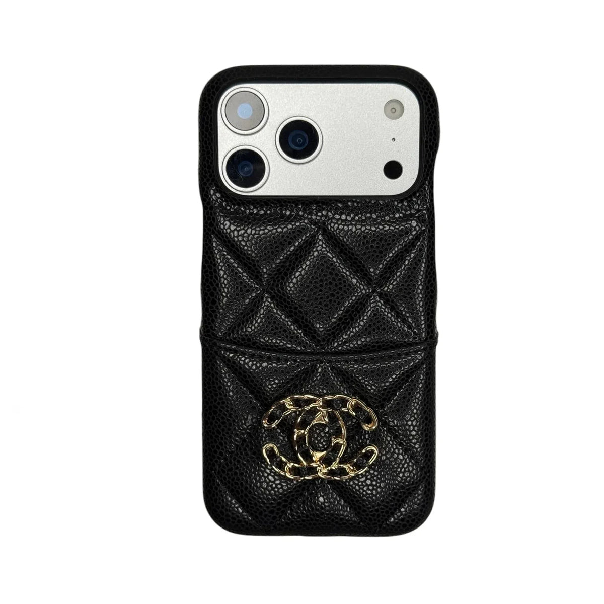 Chanel Quilted Caviar Leather Case with Chain Logo Emblem for iPhone 13-18 Pro & Pro Max