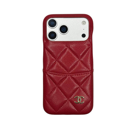CHN Quilted Caviar Leather Case with Metal CC Emblem for iPhone 13-18 Pro & Pro Max
