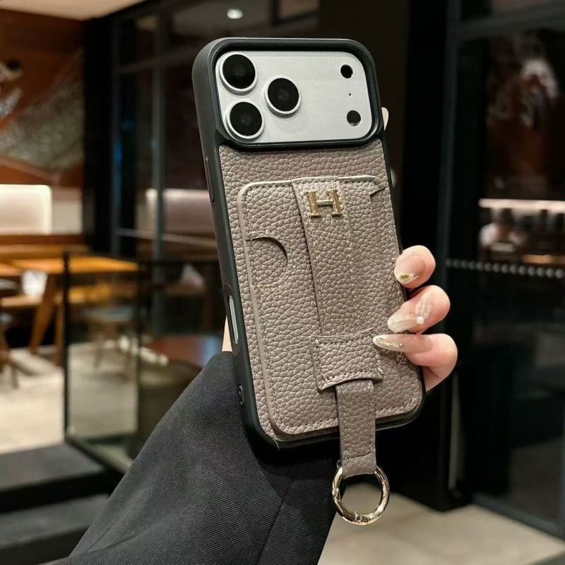AAOO Luxuriöse iPhone-Hülle aus genarbtem Leder mit Geldbörsenfach und Handschlaufe