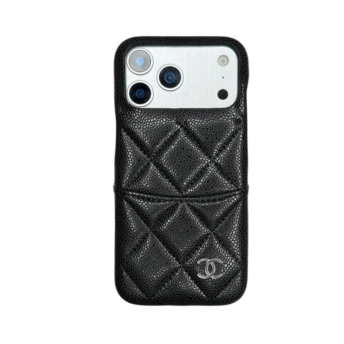 CHN Quilted Caviar Leather Case with Metal CC Emblem for iPhone 13-18 Pro & Pro Max