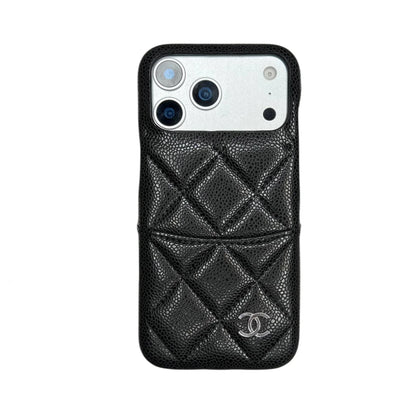CHN Quilted Caviar Leather Case with Metal CC Emblem for iPhone 13-18 Pro & Pro Max