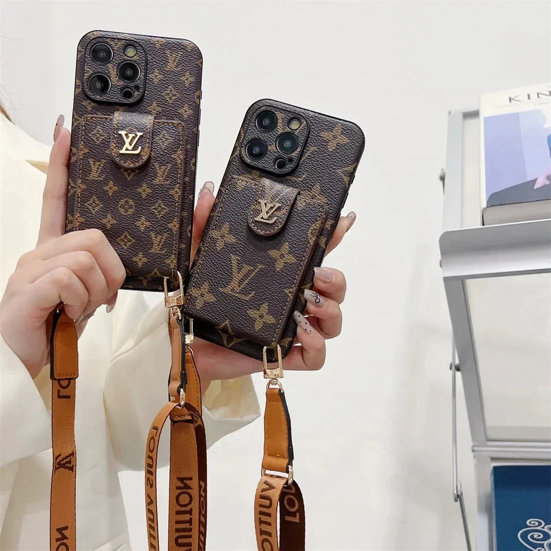 AAOO Handyhülle für iPhone, Canvas, Leder, mit Druckknöpfen, Kartenhalter und Umhängeband