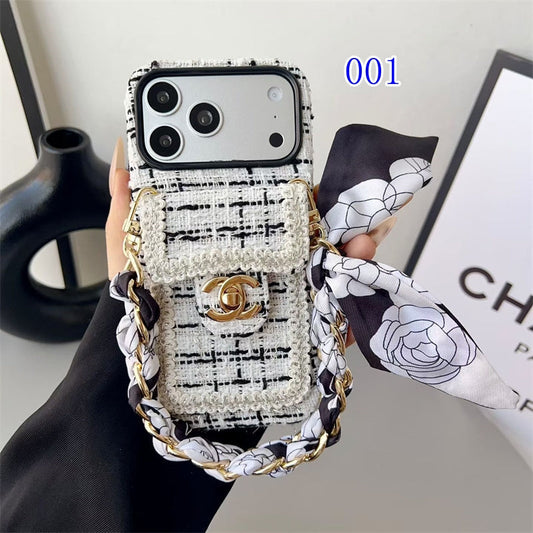 AAOO Luxury Tweed iPhone Case Classic Purse Style with Scarf Chain