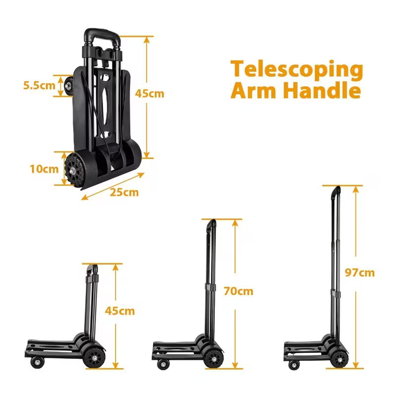 Folding Hand Truck 75kg, 4-Wheel Luggage & Sack Trolley, Lightweight Alloy with 2 Elastic Ropes for Shopping, Moving, Travel