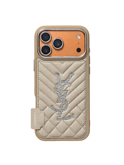 Luxury Rhinestone YSL Quilted Leather Phone Case For iPhone 13-18 Pro & Pro Max