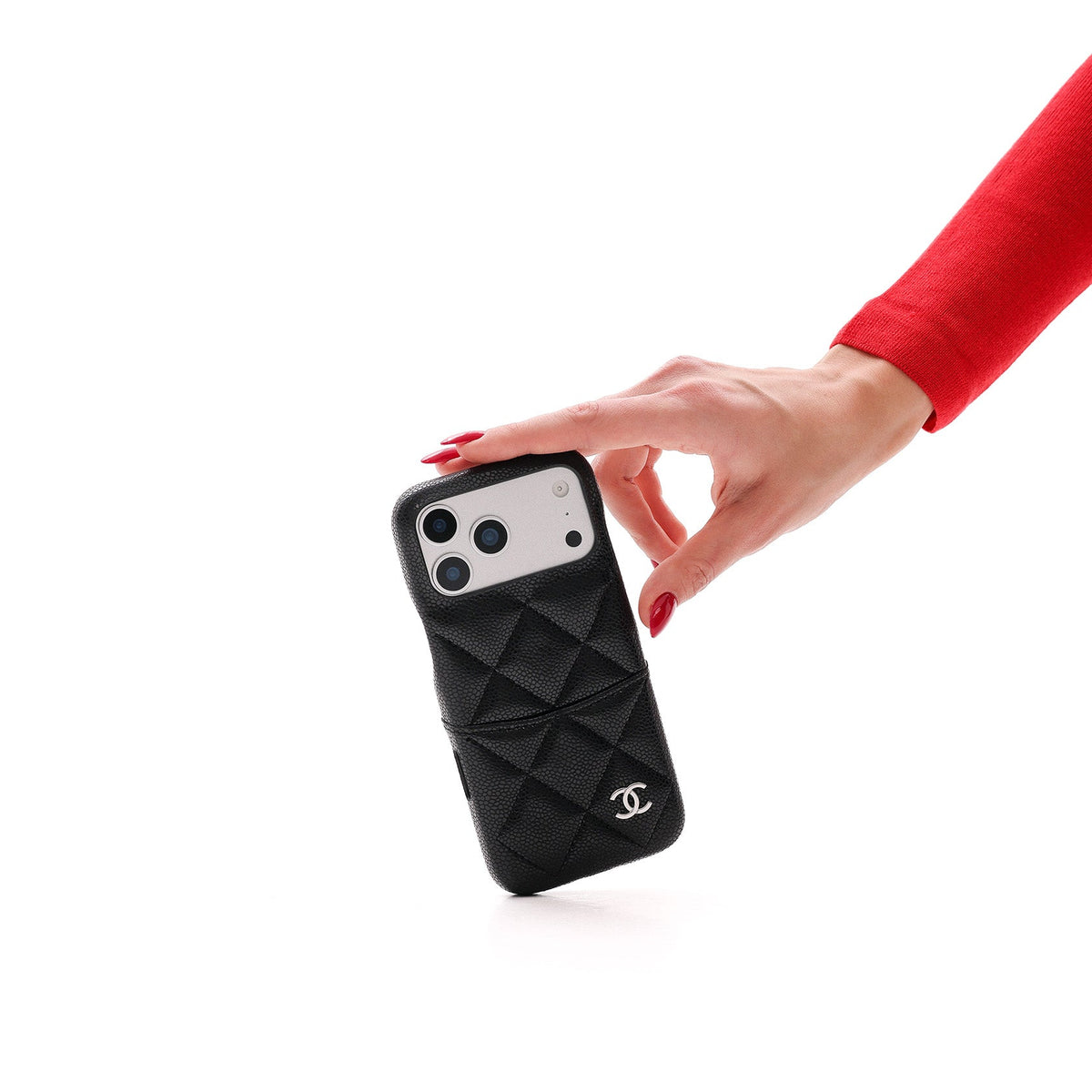 CHN Quilted Caviar Leather Case with Metal CC Emblem for iPhone 13-18 Pro & Pro Max