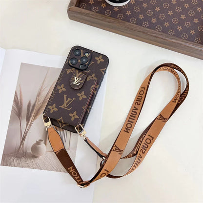 AAOO Handyhülle für iPhone, Canvas, Leder, mit Druckknöpfen, Kartenhalter und Umhängeband