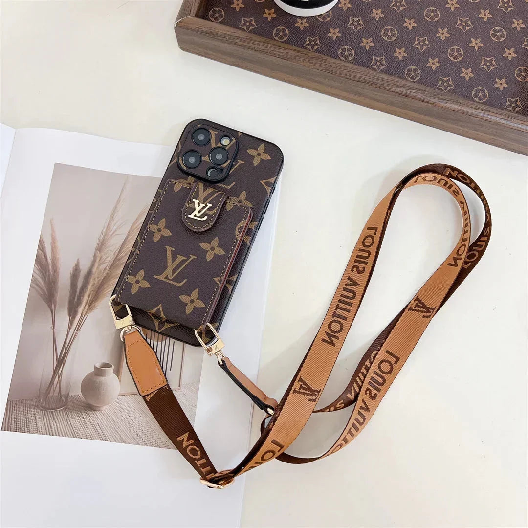 AAOO Handyhülle für iPhone, Canvas, Leder, mit Druckknöpfen, Kartenhalter und Umhängeband