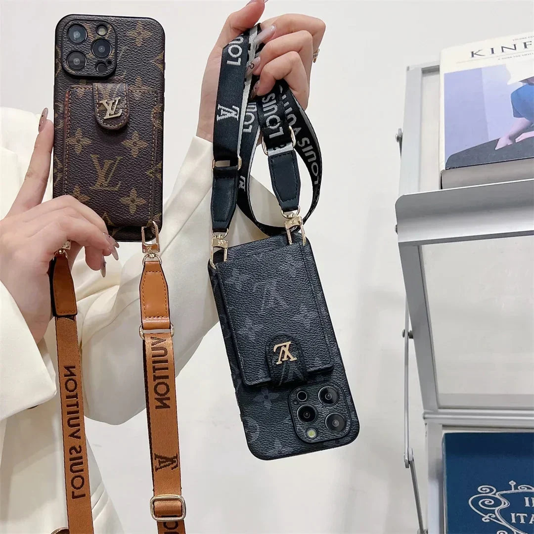 AAOO Handyhülle für iPhone, Canvas, Leder, mit Druckknöpfen, Kartenhalter und Umhängeband