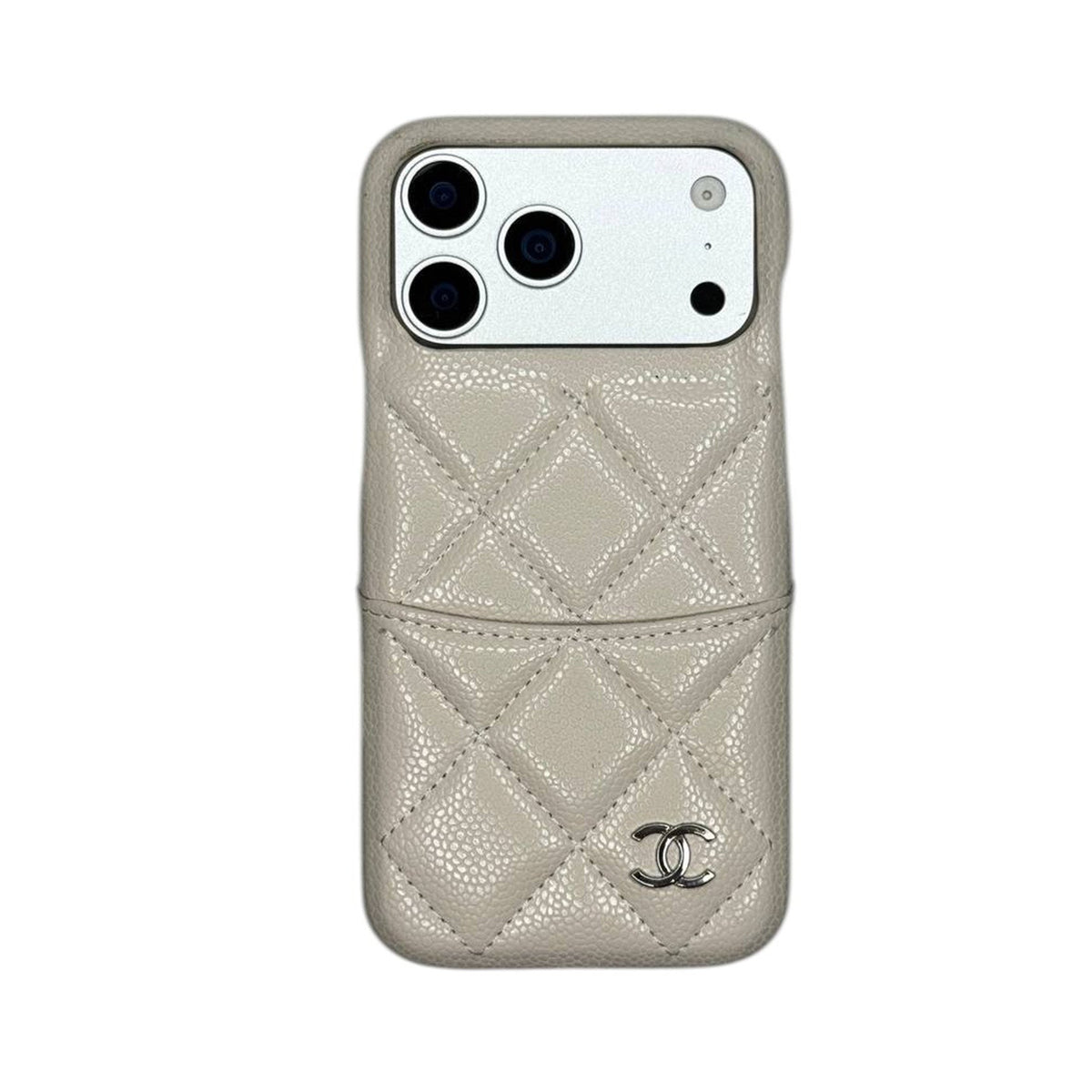CHN Quilted Caviar Leather Case with Metal CC Emblem for iPhone 13-18 Pro & Pro Max