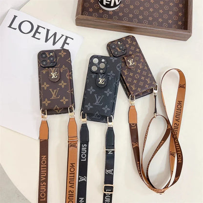 AAOO Handyhülle für iPhone, Canvas, Leder, mit Druckknöpfen, Kartenhalter und Umhängeband