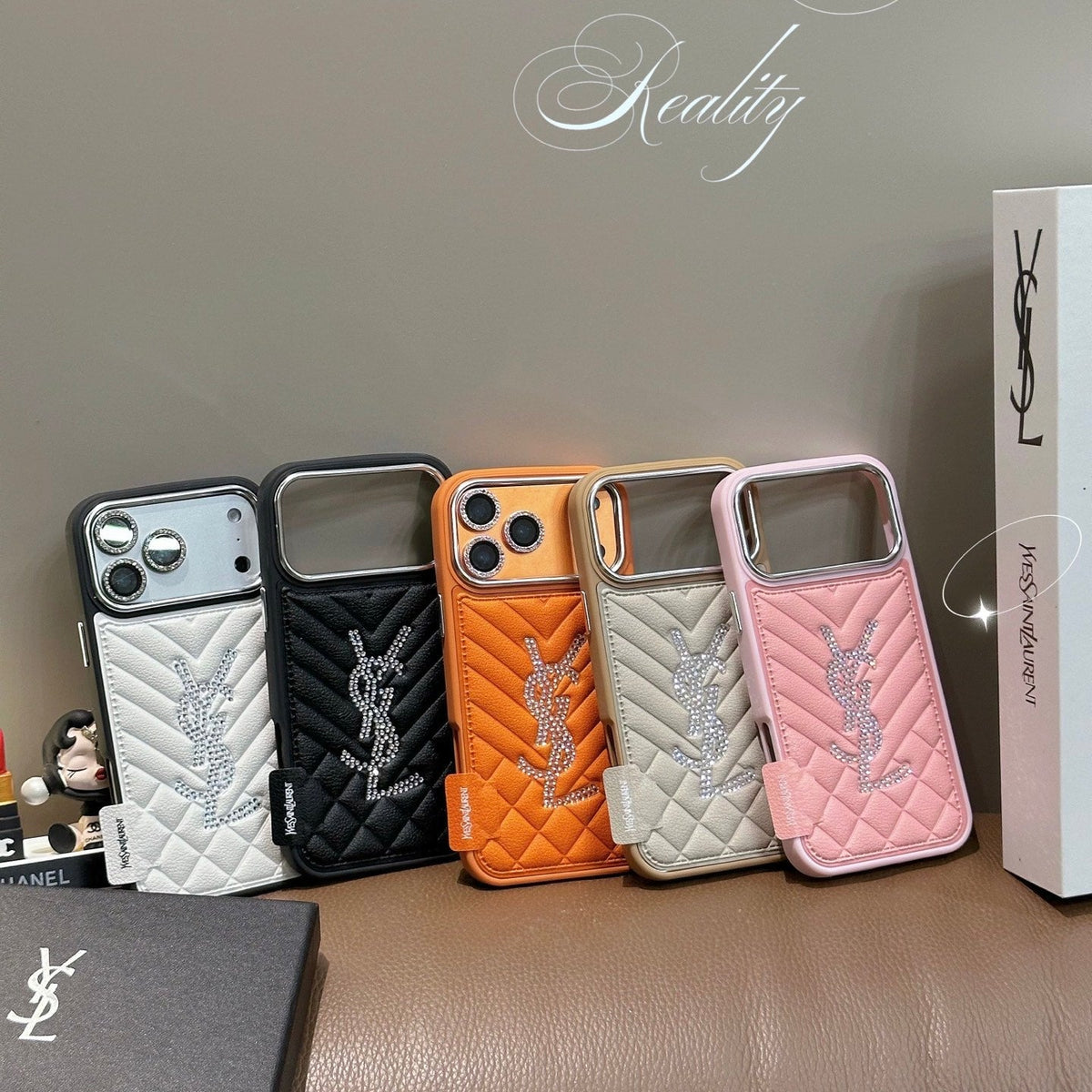Luxury Rhinestone YSL Quilted Leather Phone Case For iPhone 13-18 Pro & Pro Max
