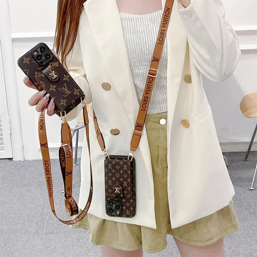 AAOO Handyhülle für iPhone, Canvas, Leder, mit Druckknöpfen, Kartenhalter und Umhängeband