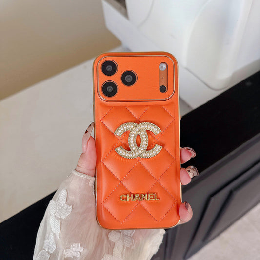 AAOO Leather Phone Case Diamond with Gold Label For iPhone 17/ 16 /15 14