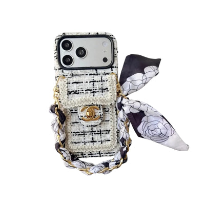 AAOO Luxury Tweed iPhone Case Classic Purse Style with Scarf Chain
