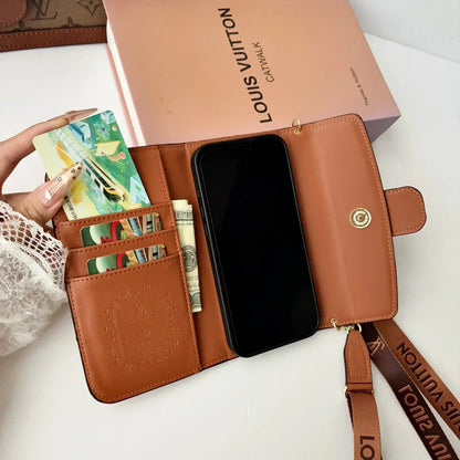 AAOO Luxuriöse iPhone-Lederhülle mit Flip Wallet und Umhängegurt